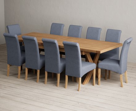 Extending buckley 200cm solid oak dining table with 10 blue scroll back chairs
