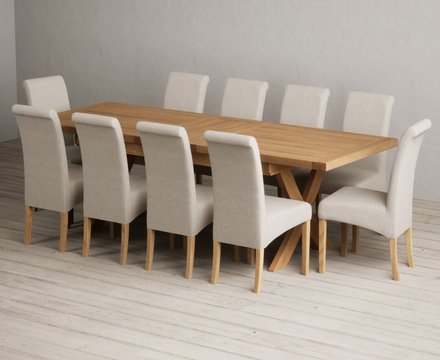 Extending buckley 200cm solid oak dining table with 10 natural scroll back chairs