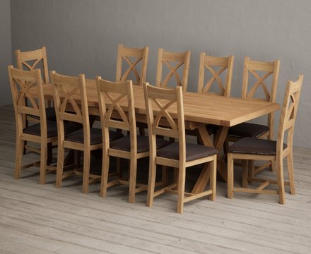Extending buckley 200cm solid oak dining table with 10 brown natural solid oak chairs