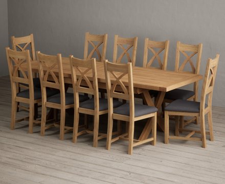 Extending buckley 200cm solid oak dining table with 10 charcoal grey natural solid oak chairs