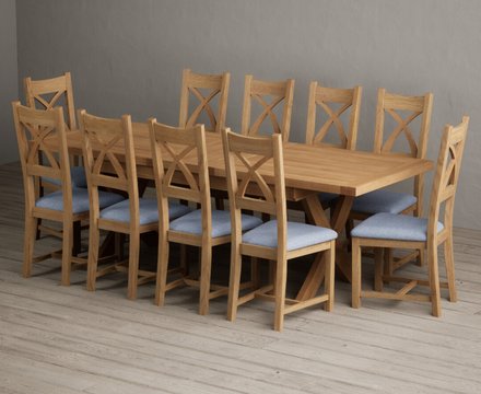 Extending buckley 200cm solid oak dining table with 10 blue natural solid oak chairs
