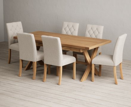 Extending buckley 200cm solid oak dining table with 6 natural isabella chairs