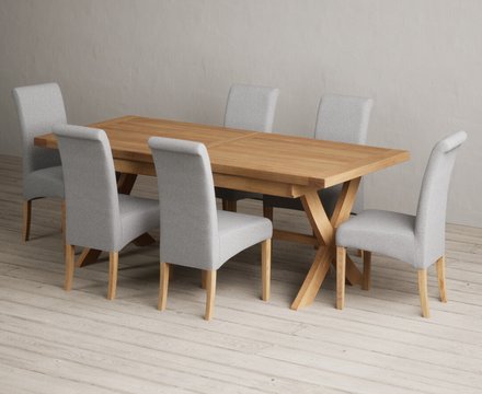 Extending buckley 200cm solid oak dining table with 6 grey scroll back chairs