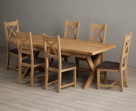 Extending buckley 200cm solid oak dining table with 6 brown natural solid oak chairs