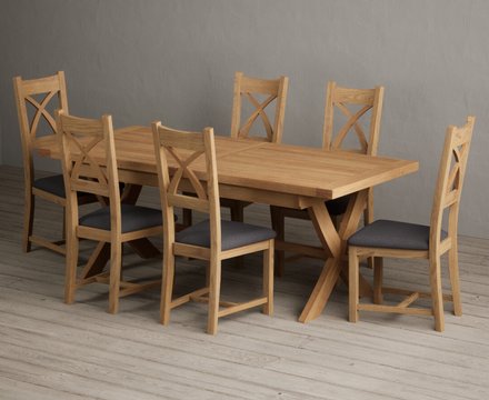 Extending buckley 200cm solid oak dining table with 6 charcoal grey natural solid oak chairs