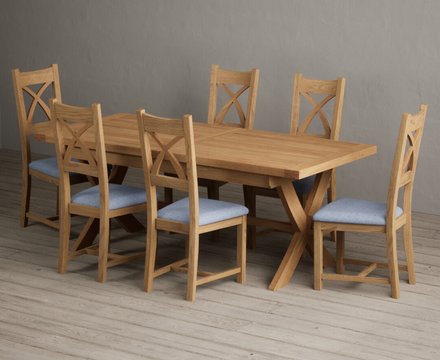 Extending buckley 200cm solid oak dining table with 6 blue natural solid oak chairs