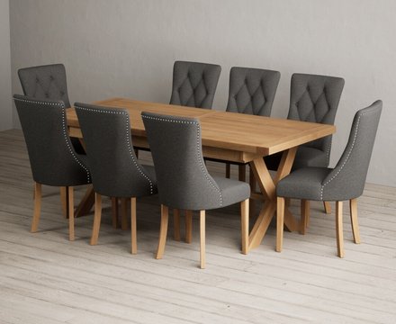 Extending buckley 200cm solid oak dining table with 8 grey beatrix chairs