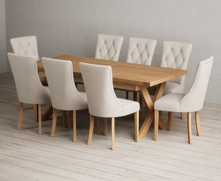 Extending buckley 200cm solid oak dining table with 8 natural beatrix chairs