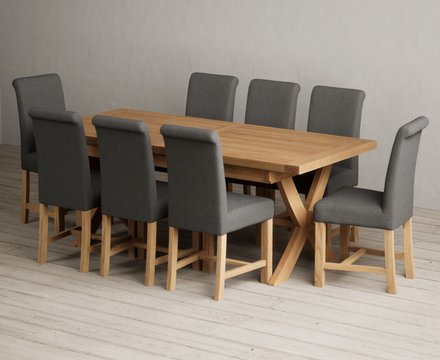 Extending buckley 200cm solid oak dining table with 8 charcoal grey braced chairs