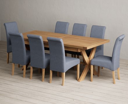 Extending buckley 200cm solid oak dining table with 8 blue scroll back chairs
