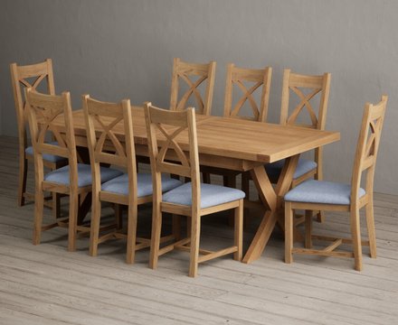 Extending buckley 200cm solid oak dining table with 8 blue natural solid oak chairs