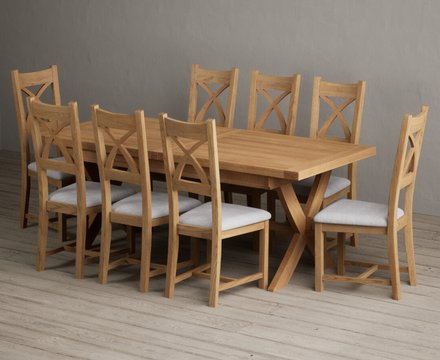 Extending buckley 200cm solid oak dining table with 8 light grey natural solid oak chairs
