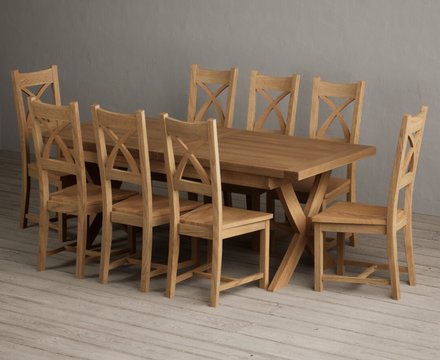 Extending buckley 200cm solid oak dining table with 8 oak natural chairs