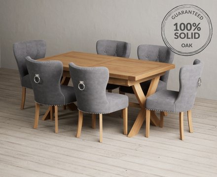 Extending buckley 160cm solid oak dining table with 8 grey keswick chairs