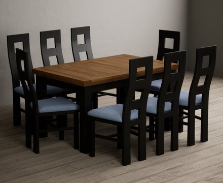 Extending buxton 140cm oak and black painted dining table with 8 blue painted chairs