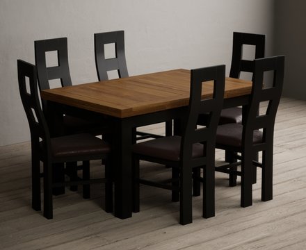 Extending buxton 140cm oak and black painted dining table with 6 brown painted chairs