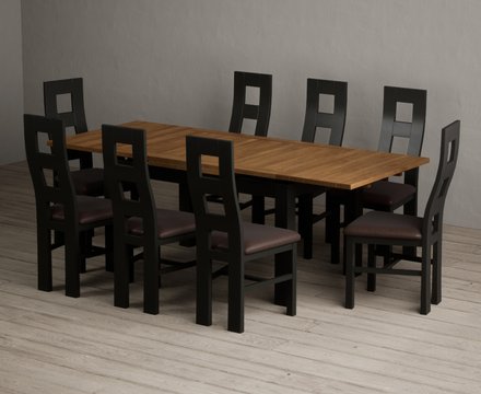 Extending buxton 140cm oak and black painted dining table with 8 brown painted chairs