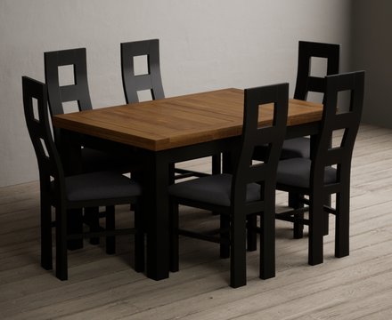 Extending buxton 140cm oak and black painted dining table with 6 charcoal grey painted chairs