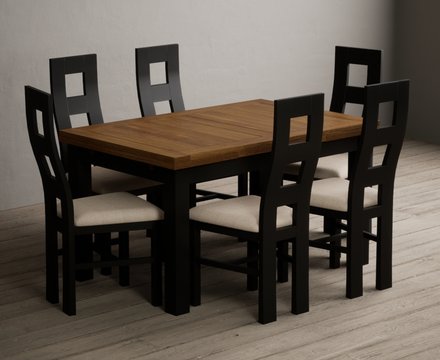 Extending buxton 140cm oak and black painted dining table with 6 linen painted chairs