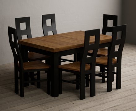 Extending buxton 140cm oak and black painted dining table with 6 rustic oak painted chairs