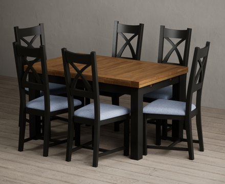 Extending buxton 140cm oak and black painted dining table with 6 blue painted chairs