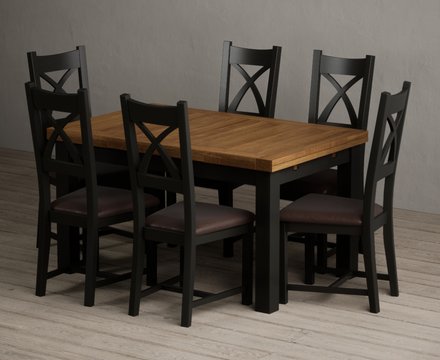 Extending buxton 140cm oak and black painted dining table with 6 brown painted chairs