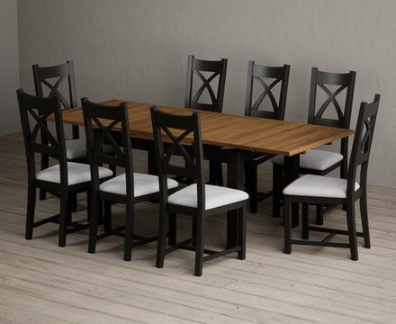 Extending buxton 140cm oak and black painted dining table with 8 light grey painted chairs