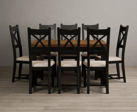 Extending buxton 140cm oak and black painted dining table with 8 linen painted chairs