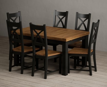 Extending buxton 140cm oak and black painted dining table with 6 rustic oak painted chairs