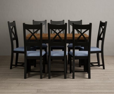 Extending buxton 140cm oak and black painted dining table with 8 blue painted chairs