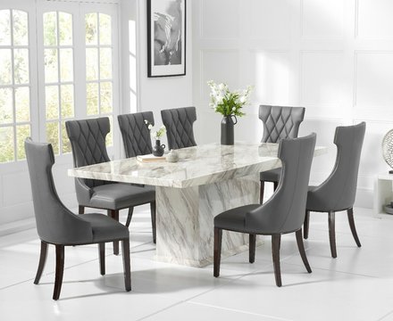 Marino 180cm marble dining table with 8 grey sophia chairs