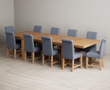 Extending callington 230cm oak dining table with 10 blue braced chairs