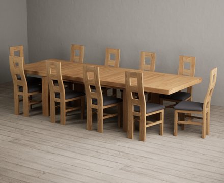 Extending callington 230cm oak dining table with 10 charcoal grey natural chairs