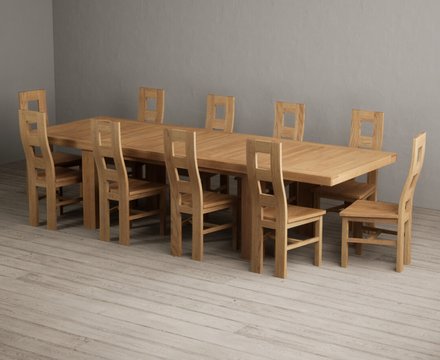 Extending callington 230cm oak dining table with 10 oak natural chairs
