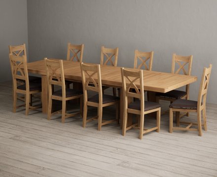 Extending callington 230cm oak dining table with 10 brown natural solid oak chairs