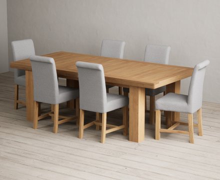 Extending callington 230cm oak dining table with 6 grey braced chairs