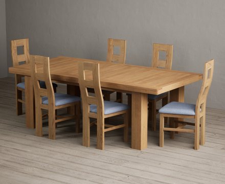 Extending callington 230cm oak dining table with 6 blue natural chairs