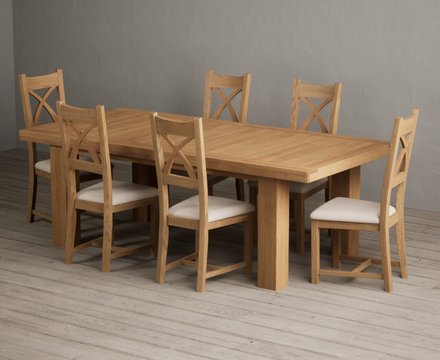 Extending callington 230cm oak dining table with 6 linen natural solid oak chairs