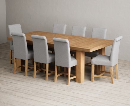 Extending callington 230cm oak dining table with 8 grey braced chairs