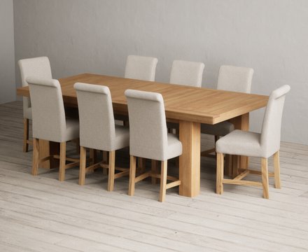 Extending callington 230cm oak dining table with 8 natural braced chairs