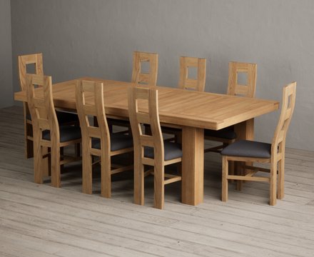 Extending callington 230cm oak dining table with 8 charcoal grey natural chairs