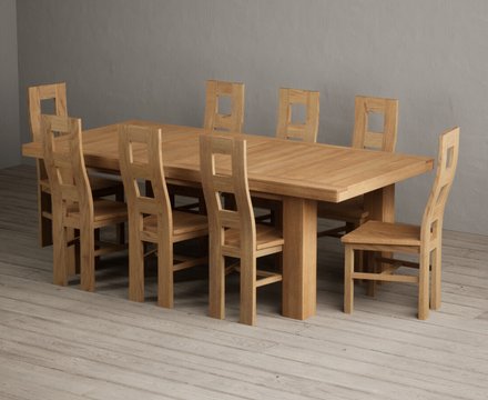 Extending callington 230cm oak dining table with 8 oak natural chairs
