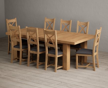 Extending callington 230cm oak dining table with 8 charcoal grey natural solid oak chairs