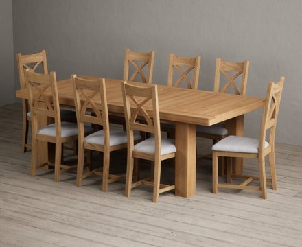 Extending callington 230cm oak dining table with 8 light grey natural solid oak chairs