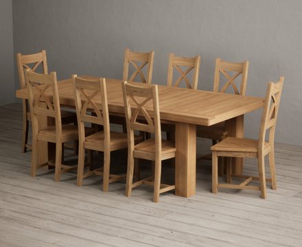 Extending callington 230cm oak dining table with 8 oak natural chairs