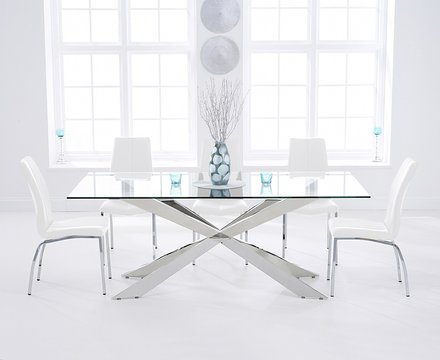 Canova 200cm glass dining table with 6 white marco chairs