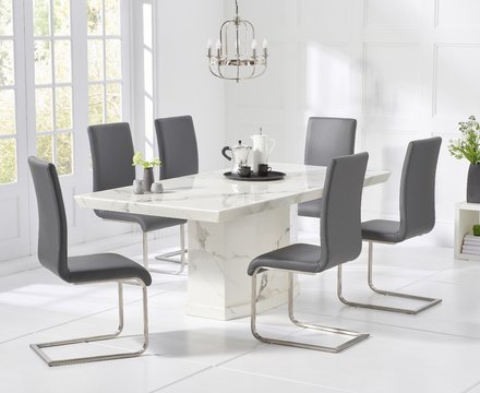 Carvelle 160cm white pedestal marble dining table with 6 grey austin chairs