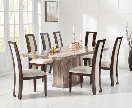 Carvelle 200cm brown pedestal marble dining table with 6 brown novara chairs