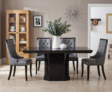Carvelle 160cm black pedestal marble table with 4 grey francesca chairs