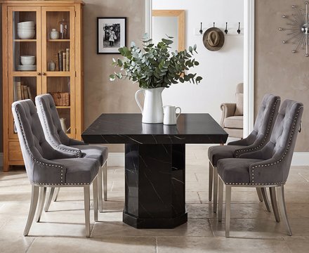 Carvelle 160cm black pedestal marble table with 4 grey sienna chairs